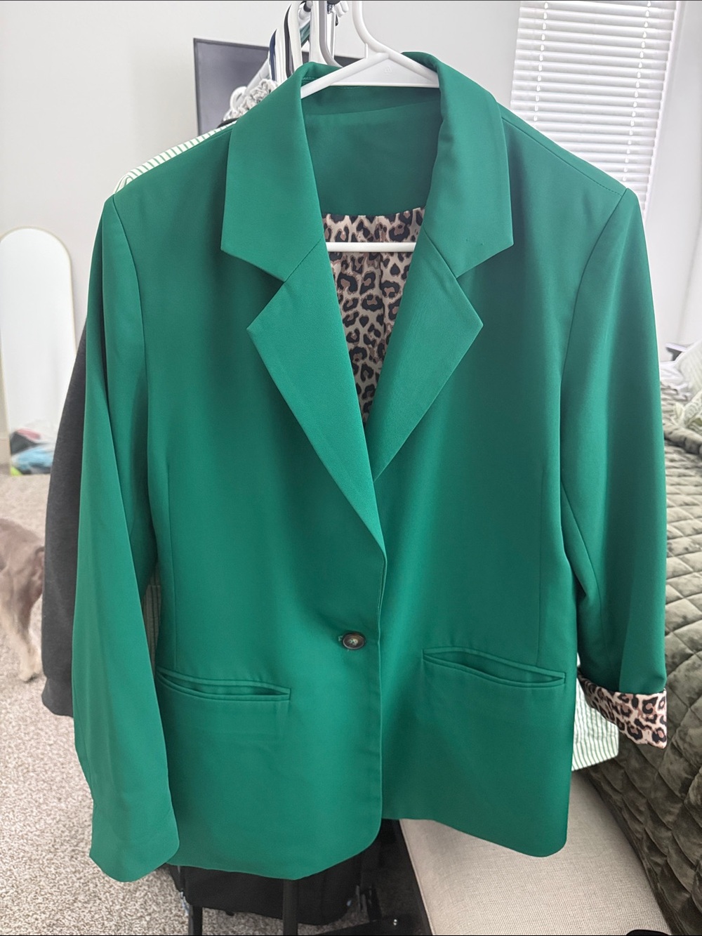 Emerald Green Women's Single-Button Blazer with Leopard Trim